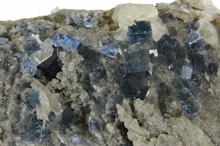 Cubic Blue Fluorite and Calcite on Druzy Quartz - Fluorescent! #128571